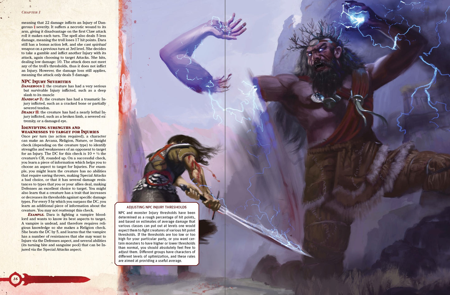 A swordsman severs the arm of a giant spellcaster. Rules for injury systems in dungeons and dragons 5e are shown in a column on the left.