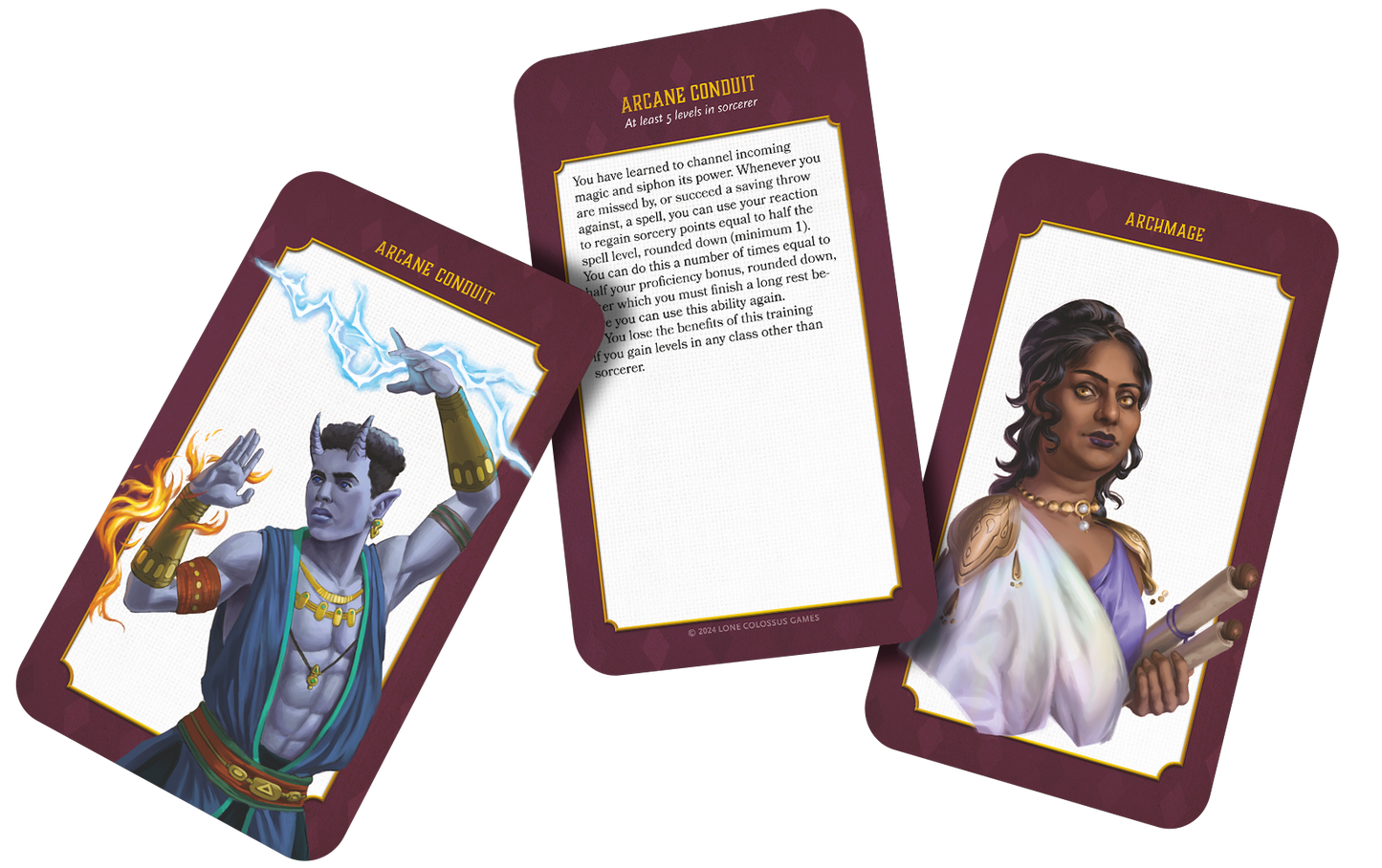 Example mockups of some of the 60 tarot-sized cards found in the Deck of Trainings. These cards will contain all the advanced and epic trainings for dnd 5e found in the Tome of Intangible Treasures supplement book and are backed with gorgeous illustrations representing a character associated with each advanced training.