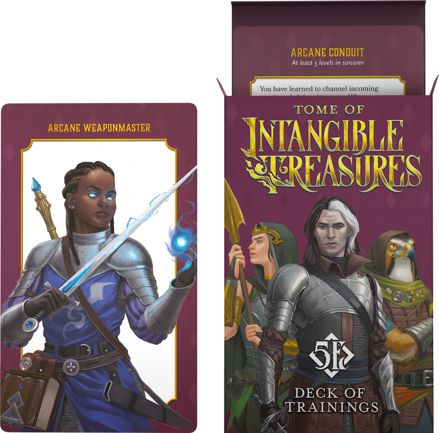 A mockup of the box and the front and back of a card from the Deck of Trainings. The deck will contain all 40 advanced trainings and all 20 epic trainings for dungeons and dragons 5e found in Tome of Intangible Treasures. Each card has a training on one side, and a gorgeous illustration on the other.
