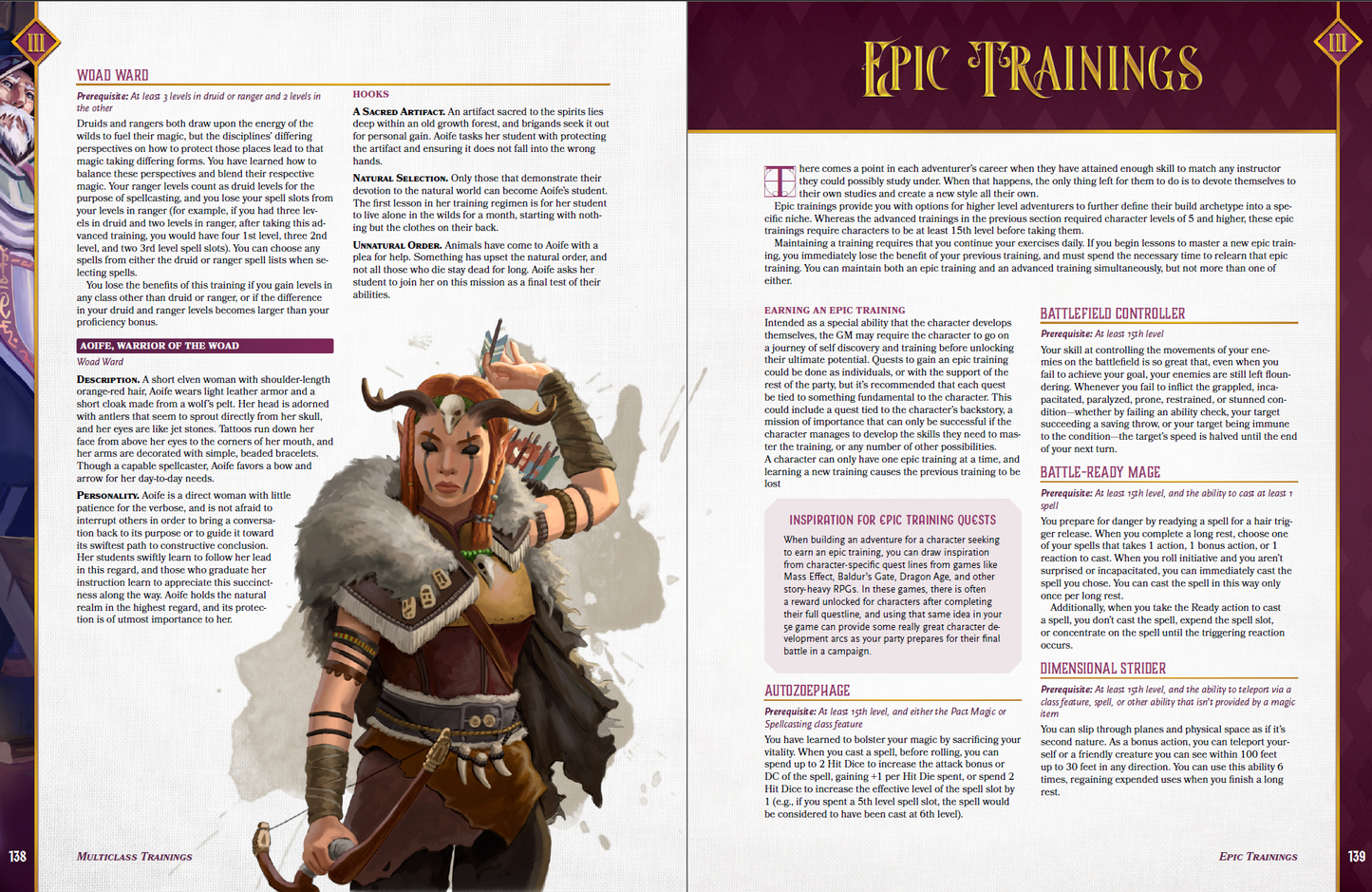 The first page shows an advanced training for druid+ranger multiclass characters. The training also depicts an NPC who can serve as a player character's trainer, including artwork, character lore, and plot hooks to introduce them and their training. The second page talks about Epic Trainings, special capstone features for 15th level characters that round out their archetype or build.