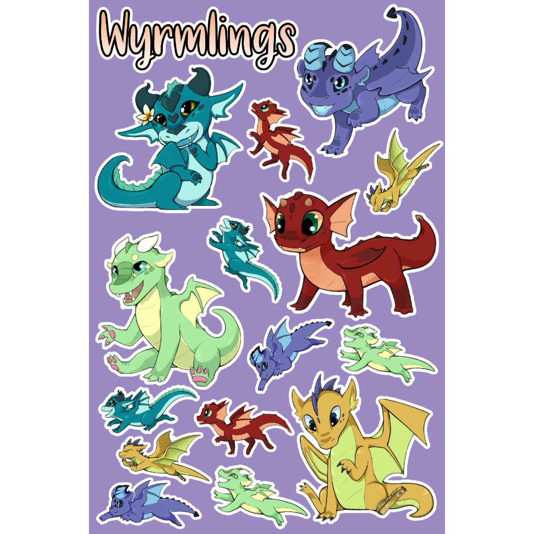 A sheet of adorable baby dragon stickers in various poses