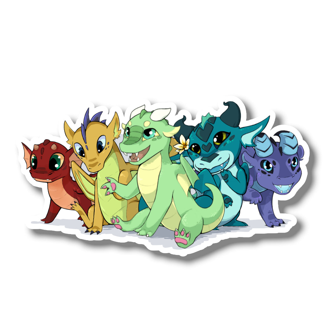 A group pose of adorable baby dragons made as a sturdy, waterproof vinyl sticker.