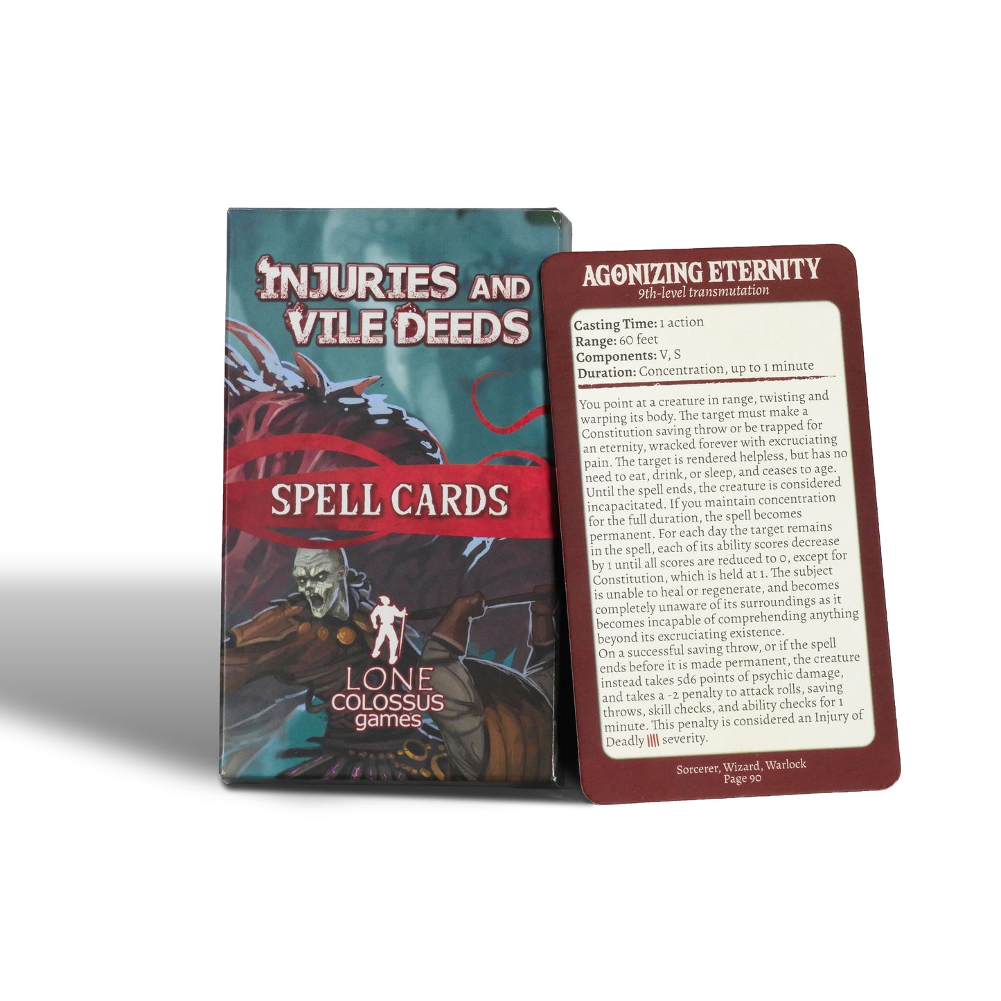 A picture of the spell cards from Injuries and Vile Deeds, including an example card showing the Agonizing Eternity spell for dungeons and dragons 5e.