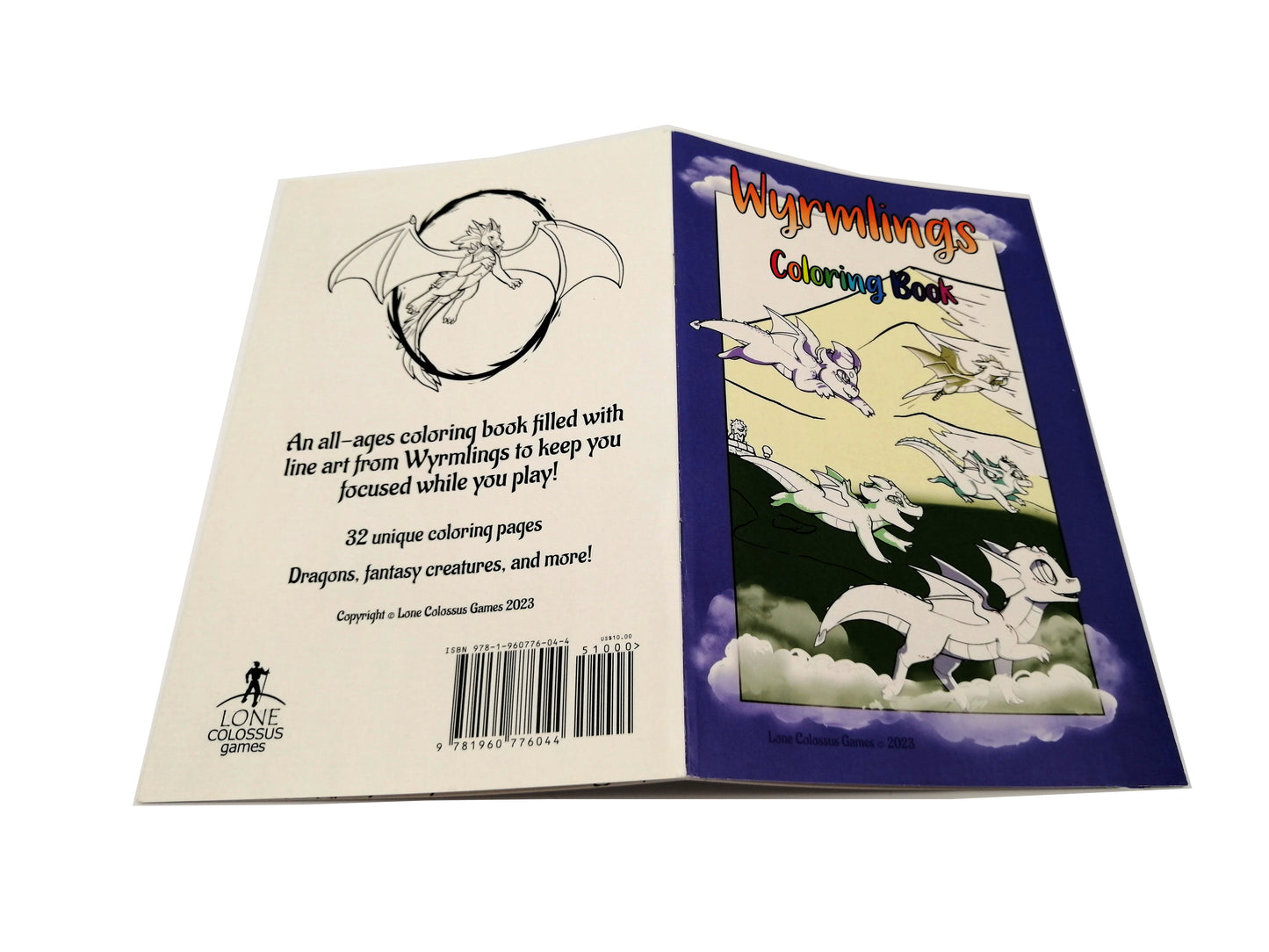 Front and back covers of the Wyrmlings all ages coloring book. 32 unique coloring pages with cute dragons, fantasy creatures, and more