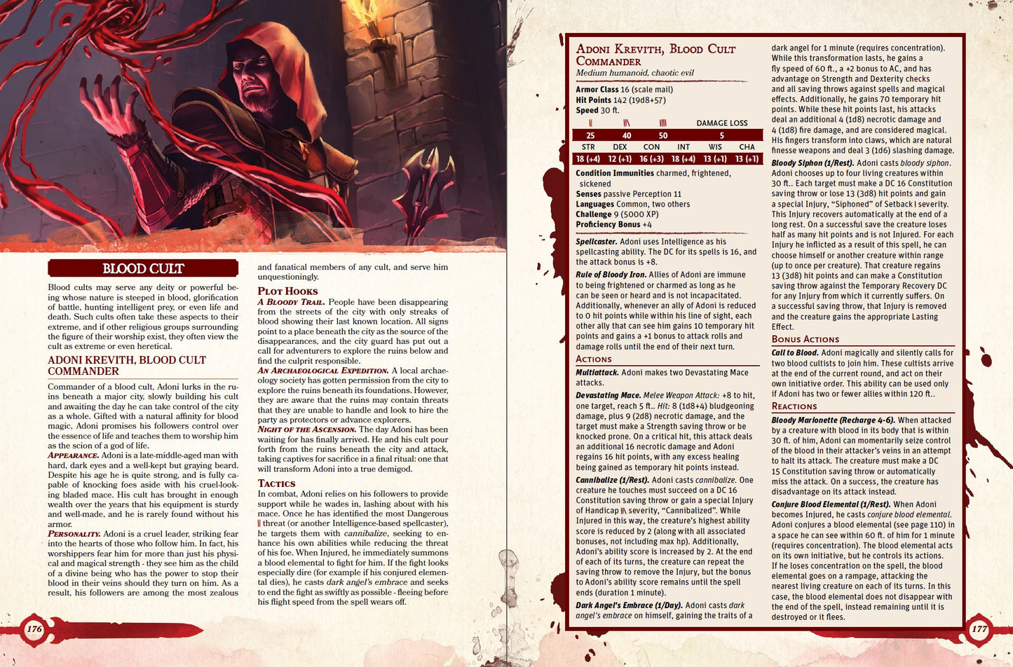 An illustration of a blood cultist creating a swirling orb of blood in the air above their hand. Lore, plot hooks, and tactics for the cult's commander and his stat block for dnd 5e fill the pages.