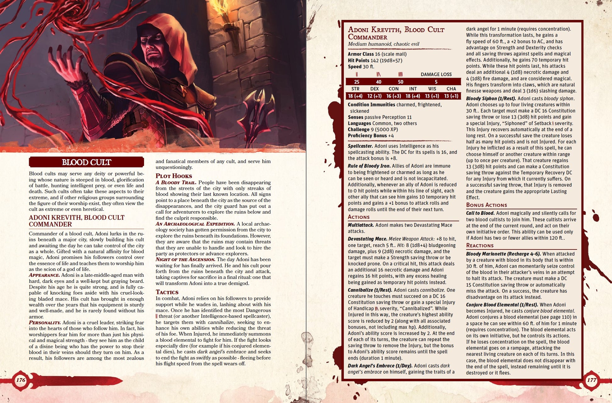 An illustration of a blood cultist creating a swirling orb of blood in the air above their hand. Lore, plot hooks, and tactics for the cult's commander and his stat block for dnd 5e fill the pages.