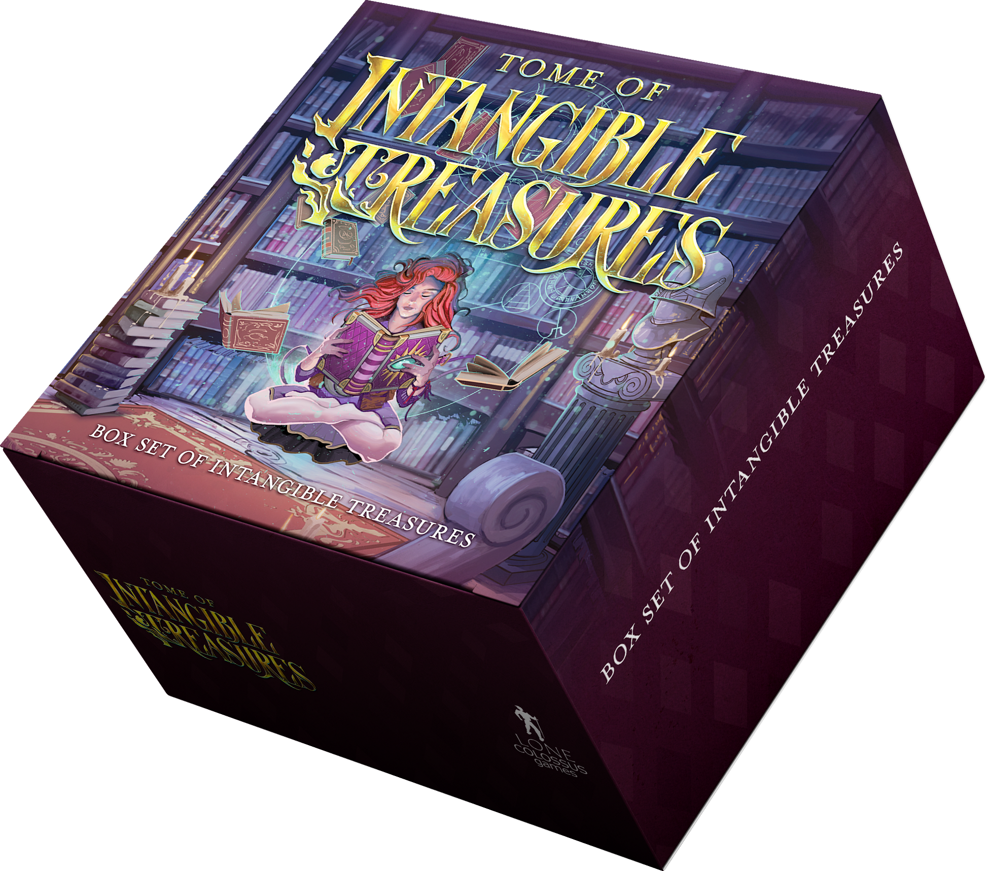 A mockup of the Box Set of Intangible Treasures box, which contains tarot-sized cards for all 380 boons, charms, and pacts for dungeons and dragons 5e found in Tome of Intangible Treasures.