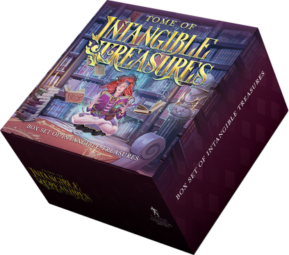 A mockup of the Box Set of Intangible Treasures box, which contains tarot-sized cards for all 380 boons, charms, and pacts for dungeons and dragons 5e found in Tome of Intangible Treasures.