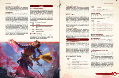 Rules and artwork for the college of violence bard subclass for DnD 5e. The bard dances and twirls as an arc of blood follows their blade and they prepare to cast a spell. Rules for the slaughter domain cleric, including domain spells and a new channel divinity for D&D 5e