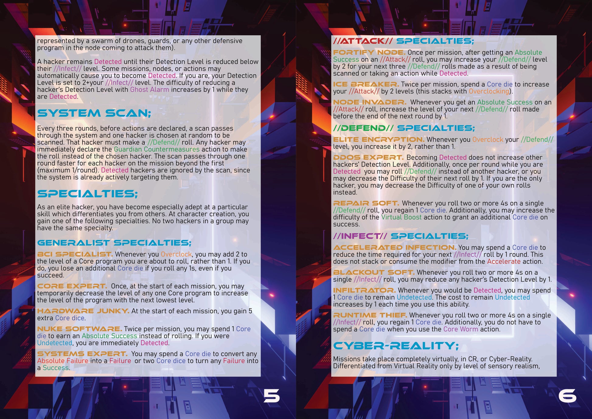 Light Mode image of some of the rules for running a mission in CyberCore HACK, and some of the specialty abilities that hackers can have.