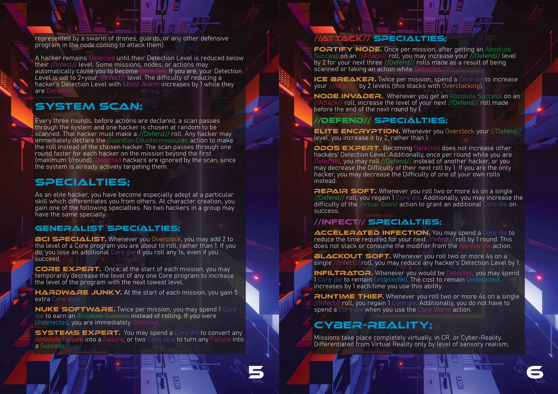 Dark Mode image of some of the rules for running a mission in CyberCore HACK, and some of the specialty abilities that hackers can have.