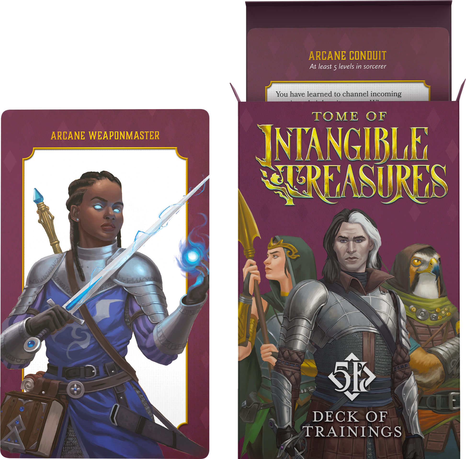 A mockup of the box and the front and back of a card from the Deck of Trainings. The deck will contain all 40 advanced trainings and all 20 epic trainings for dungeons and dragons 5e found in Tome of Intangible Treasures. Each card has a training on one side, and a gorgeous illustration on the other.