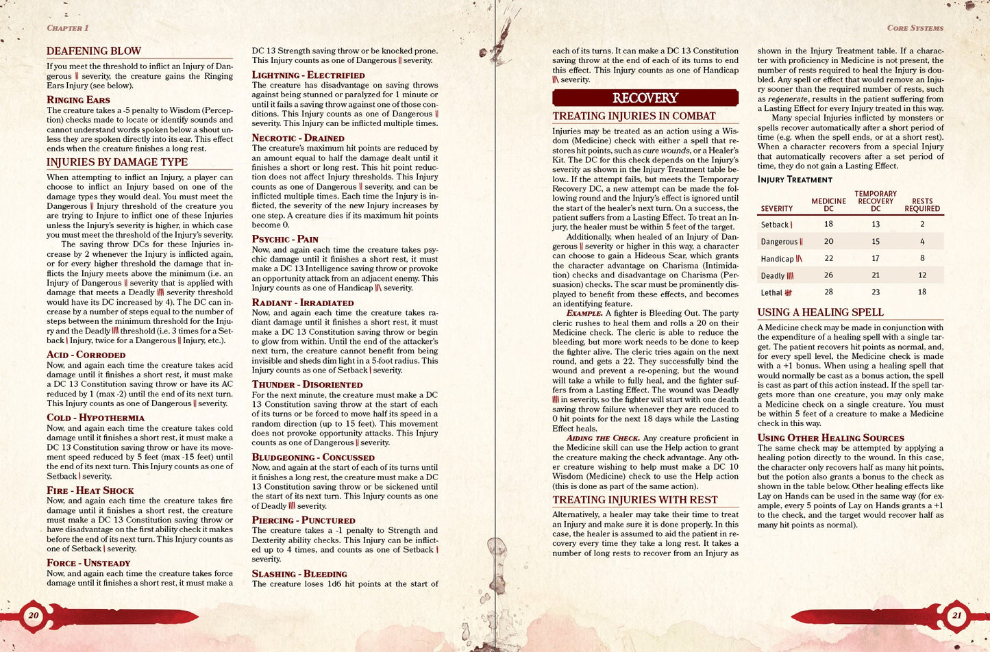Rules for special injuries inflicted by specific damage types, and how to treat injuries in combat, with rest, or using healing spells in dungeons and dragons 5th edition