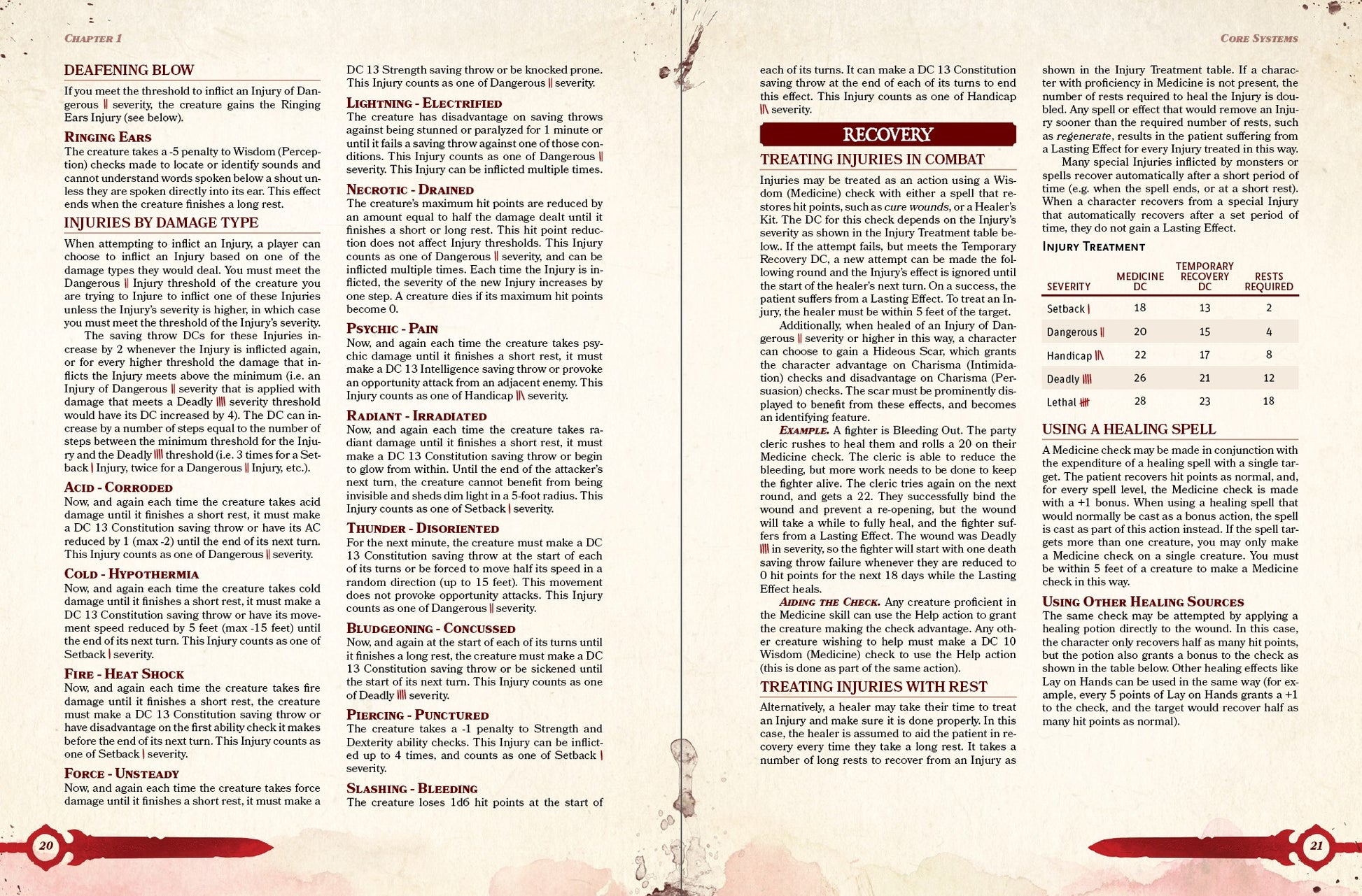 Rules for special injuries inflicted by specific damage types, and how to treat injuries in combat, with rest, or using healing spells in dungeons and dragons 5th edition