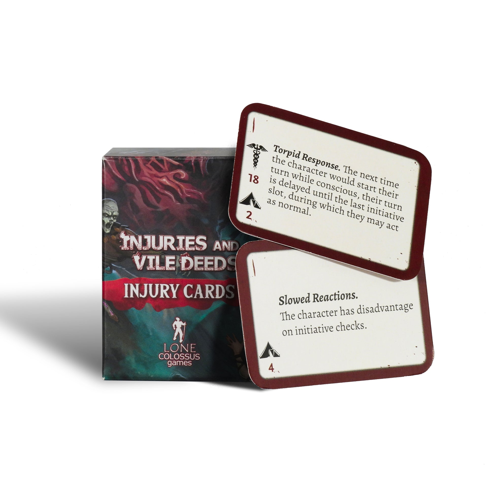 A picture of the injury reference cards deck for 5e player characters. Shows an example of an injury and the reverse side lasting effect as well as the injury severity, medicine DC, and rests required.