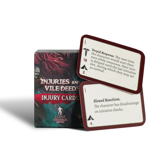 A picture of the injury reference cards deck for 5e player characters. Shows an example of an injury and the reverse side lasting effect as well as the injury severity, medicine DC, and rests required.
