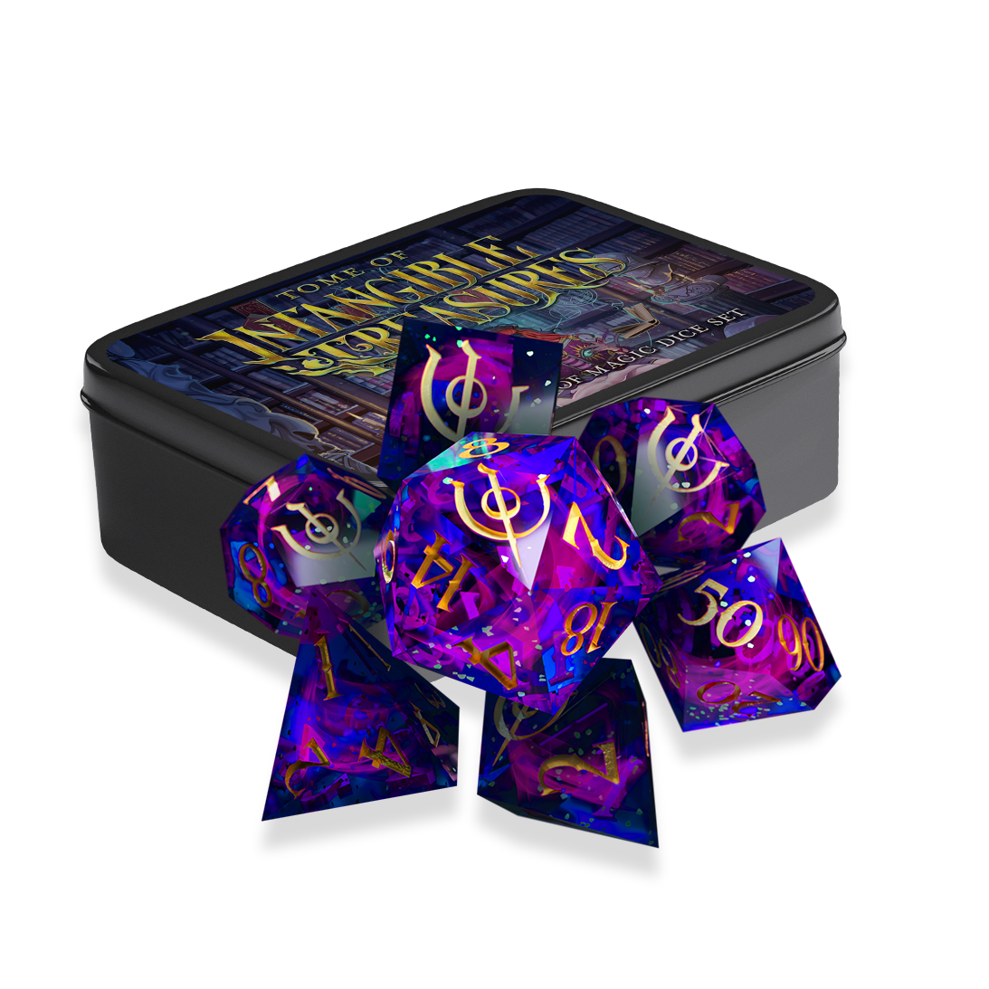 A rendering of a black tin dice box for the Tome of Intangible Treasures Mysteries of Magic Dice Set and the 7-piece sharp edged resin dice set