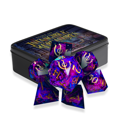 A rendering of a black tin dice box for the Tome of Intangible Treasures Mysteries of Magic Dice Set and the 7-piece sharp edged resin dice set