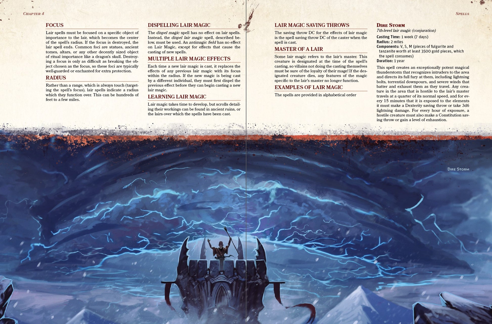 Introduction to lair magic, spells to enhance a villain's lair in dnd5e. An illustration of the Dire Storm spell is at the bottom of the page spread - a mage raises their staff over their head and conjures a massive thunderstorm over a tower in the mountains.