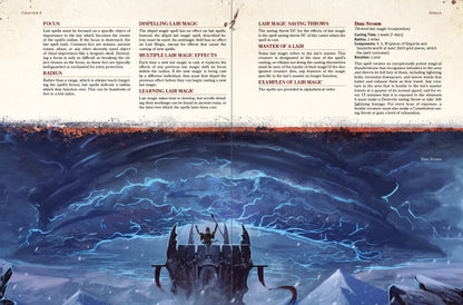 Introduction to lair magic, spells to enhance a villain's lair in dnd5e. An illustration of the Dire Storm spell is at the bottom of the page spread - a mage raises their staff over their head and conjures a massive thunderstorm over a tower in the mountains.