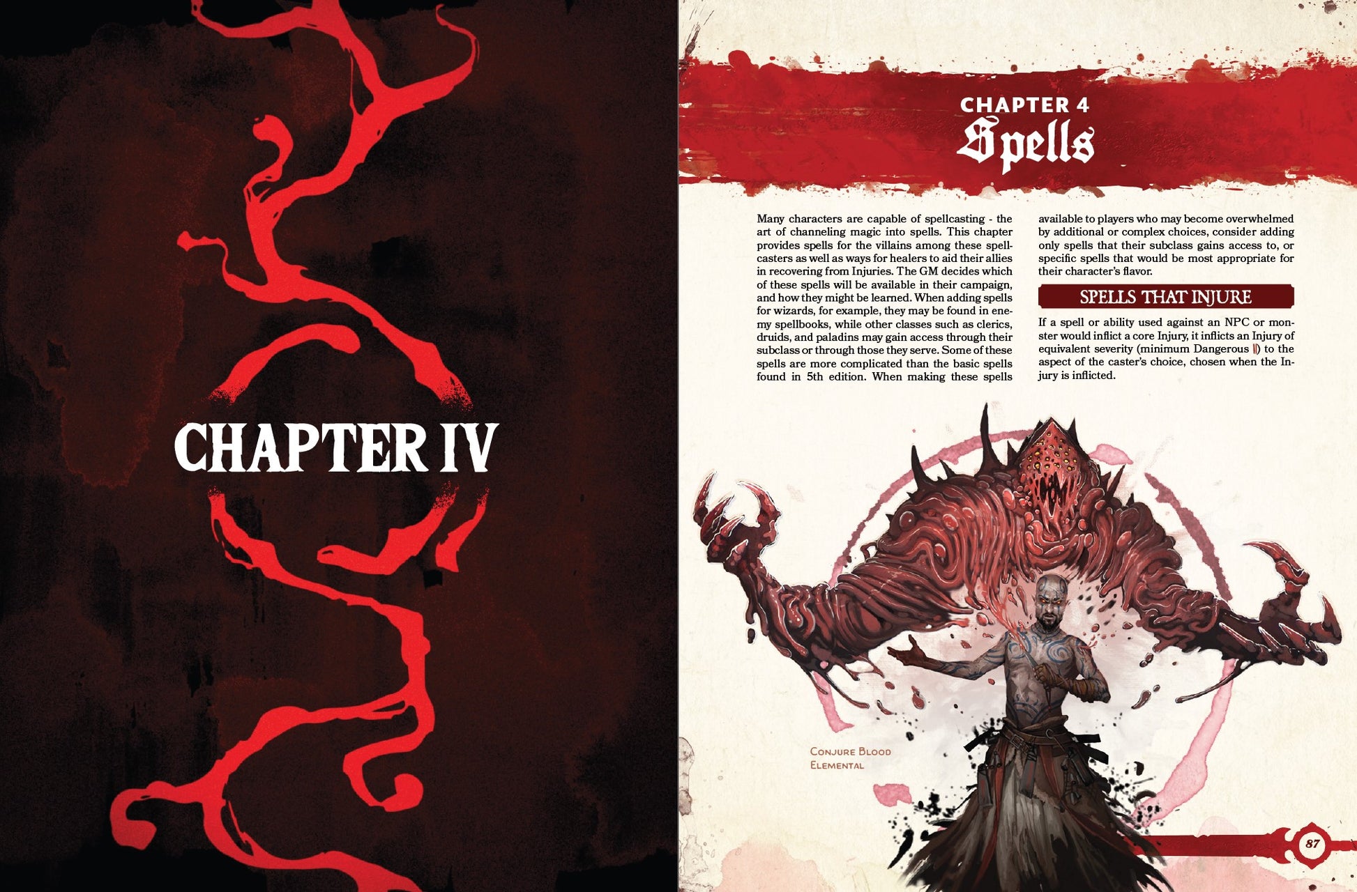 Cover pages for the chapter of new spells for D&D 5e. An illustration of a sorcerer conjuring a blood elemental is at the bottom of the right page.