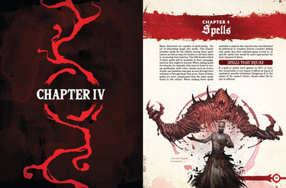 Cover pages for the chapter of new spells for D&D 5e. An illustration of a sorcerer conjuring a blood elemental is at the bottom of the right page.