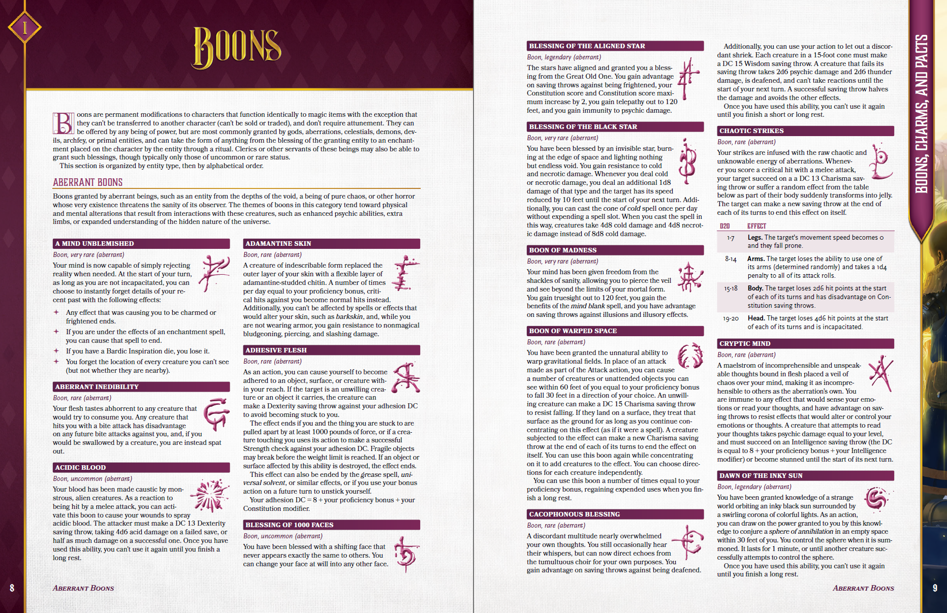 Examples of new aberration themed boons for dungeons and dragons 5th edition are shown, along with thematic symbols