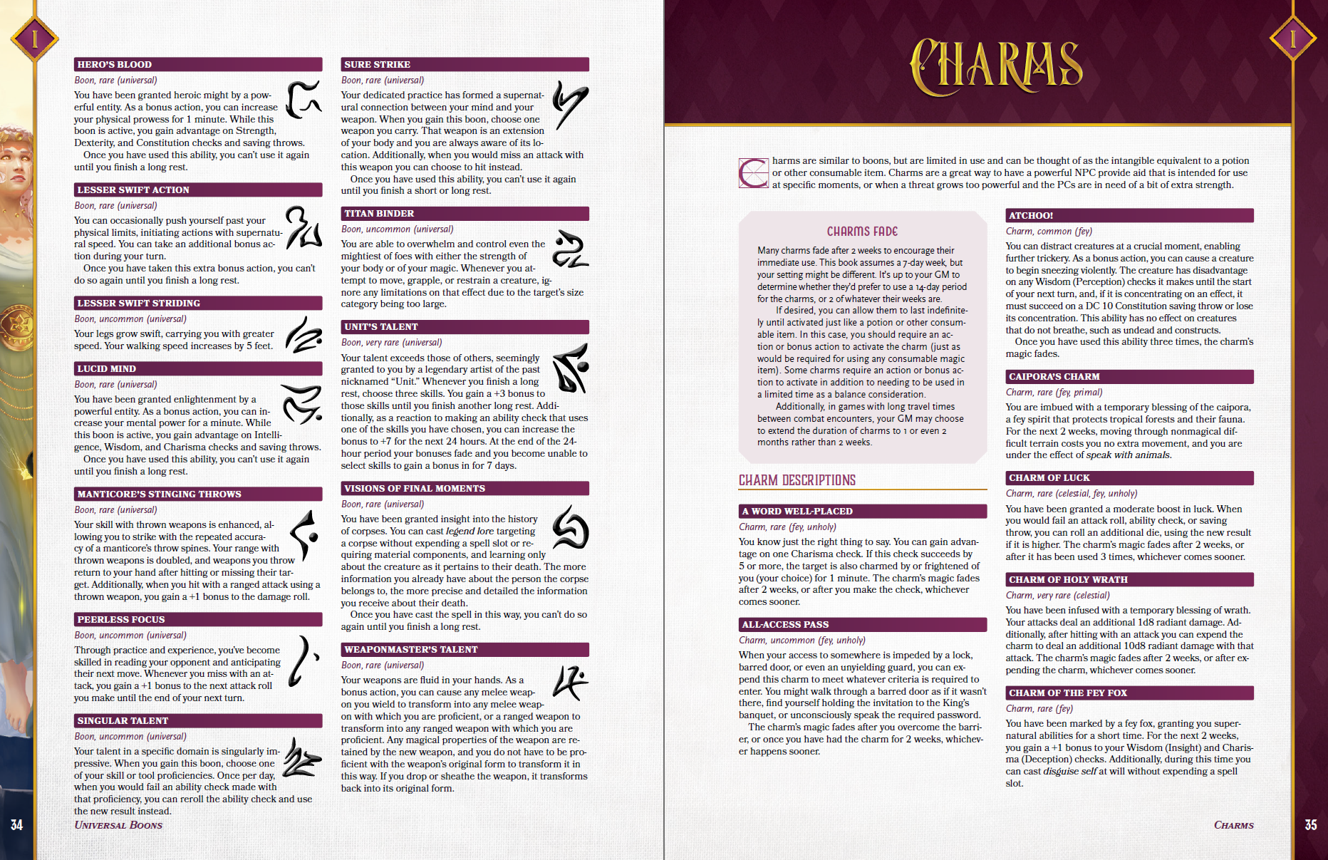 Examples of new charms for dungeons and dragons 5th edition are shown, including some granted by fey, fiend (unholy), primal, and celestial creatures. 
