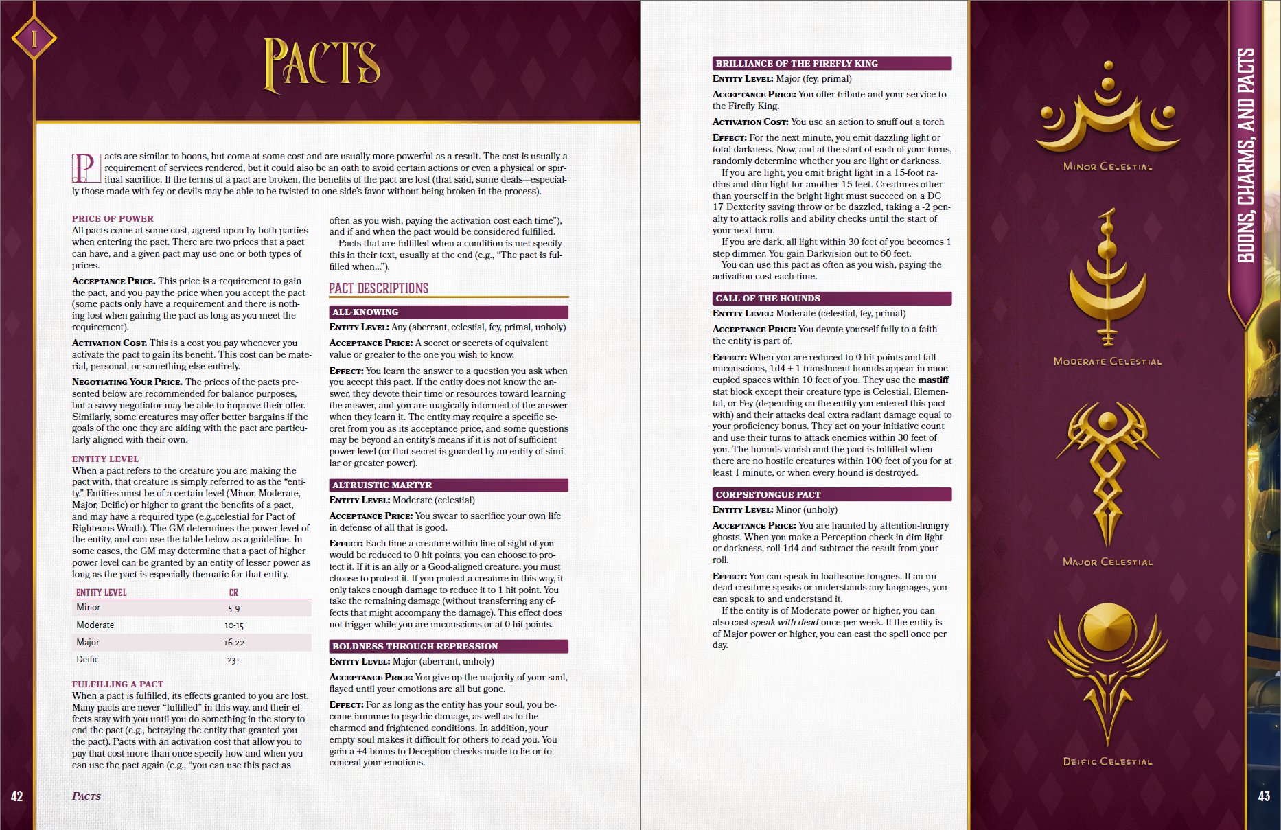 Examples and descriptions for pacts for dungeons and dragons 5e are shown, including an explanation for how pacts work and how to use them in your game. Pacts shown are granted by a variety of entity types, including aberrant, fey, celestial, primal, and unholy.