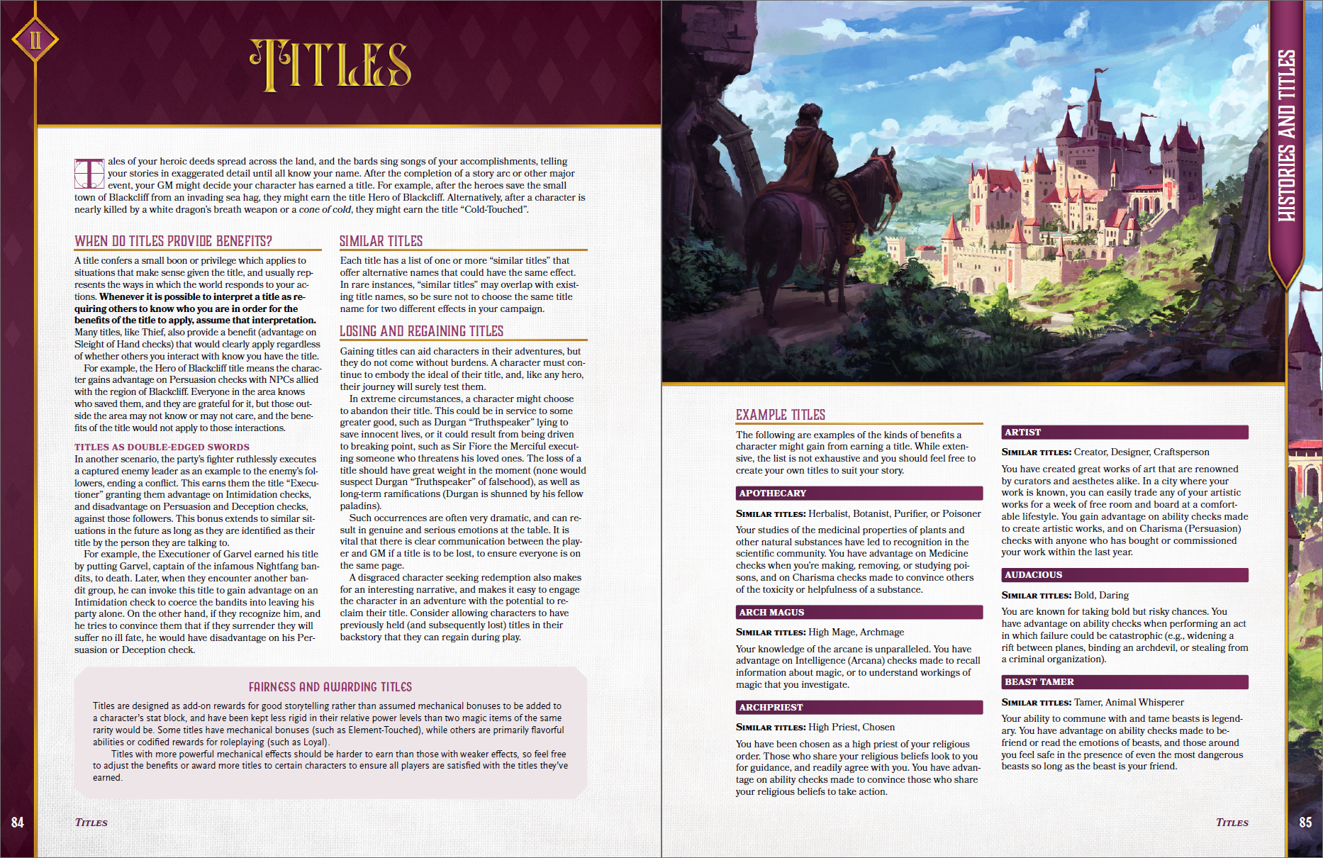 An explanation of what titles are and how they work in dungeons and dragons 5e, as well as some examples of titles including "apothecary", "arch magus", "archpriest", "artist", "audacious", and "beast tamer" are shown.
