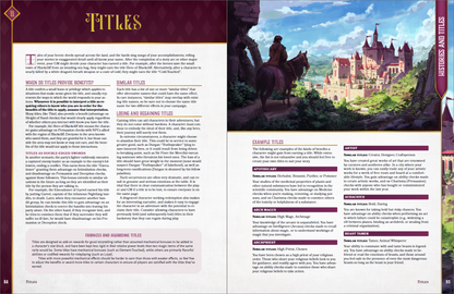 An explanation of what titles are and how they work in dungeons and dragons 5e, as well as some examples of titles including "apothecary", "arch magus", "archpriest", "artist", "audacious", and "beast tamer" are shown.