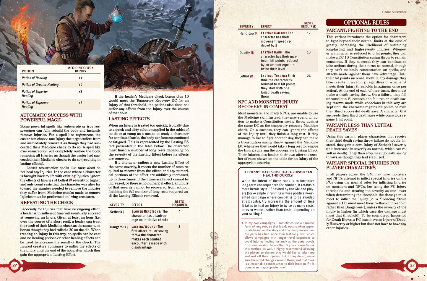 Rules for treating injuries with magic, effects from healing injuries too quickly, and optional rules to use with the injury systems in dungeons and dragons 5e