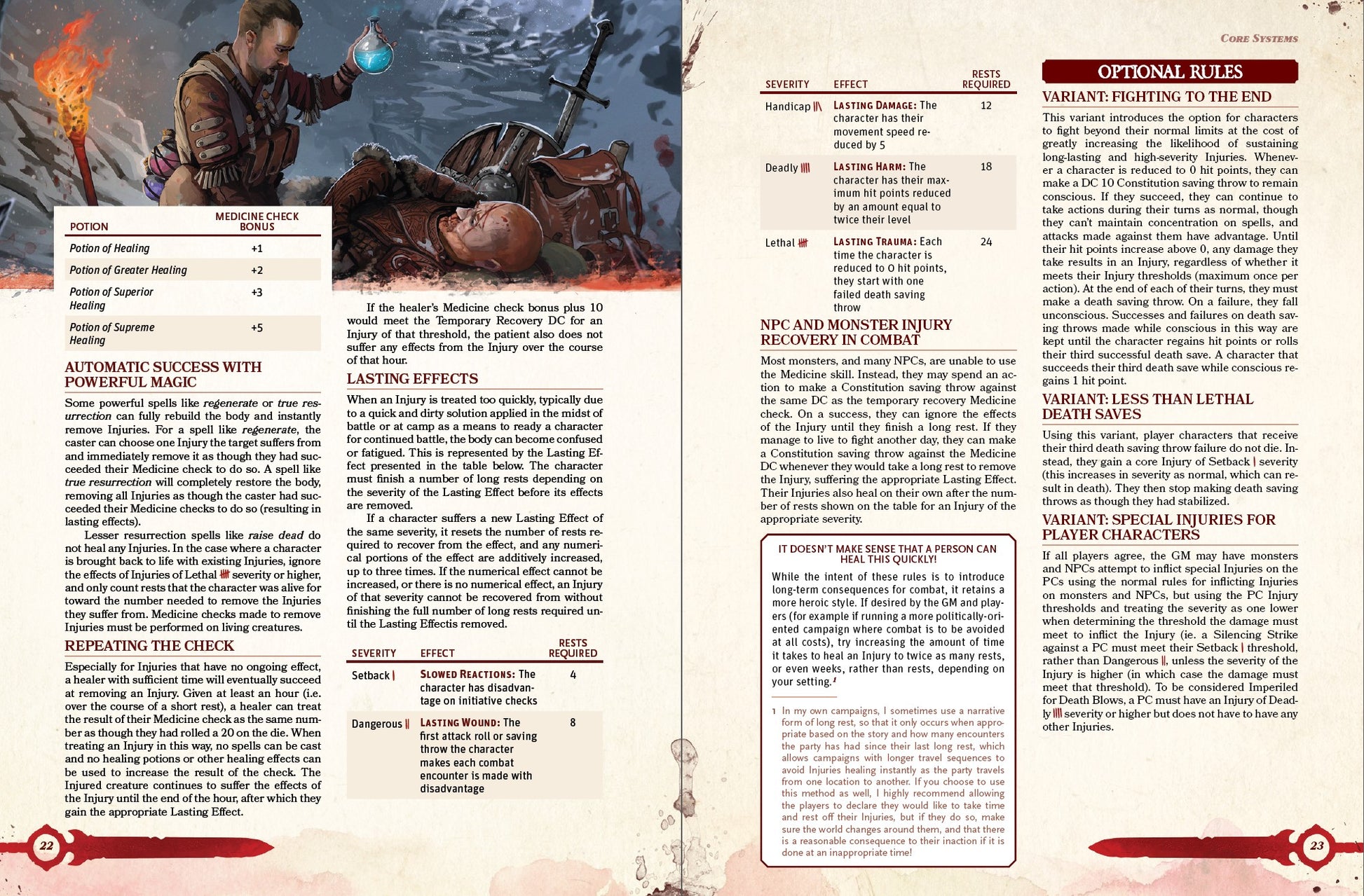 Rules for treating injuries with magic, effects from healing injuries too quickly, and optional rules to use with the injury systems in dungeons and dragons 5e
