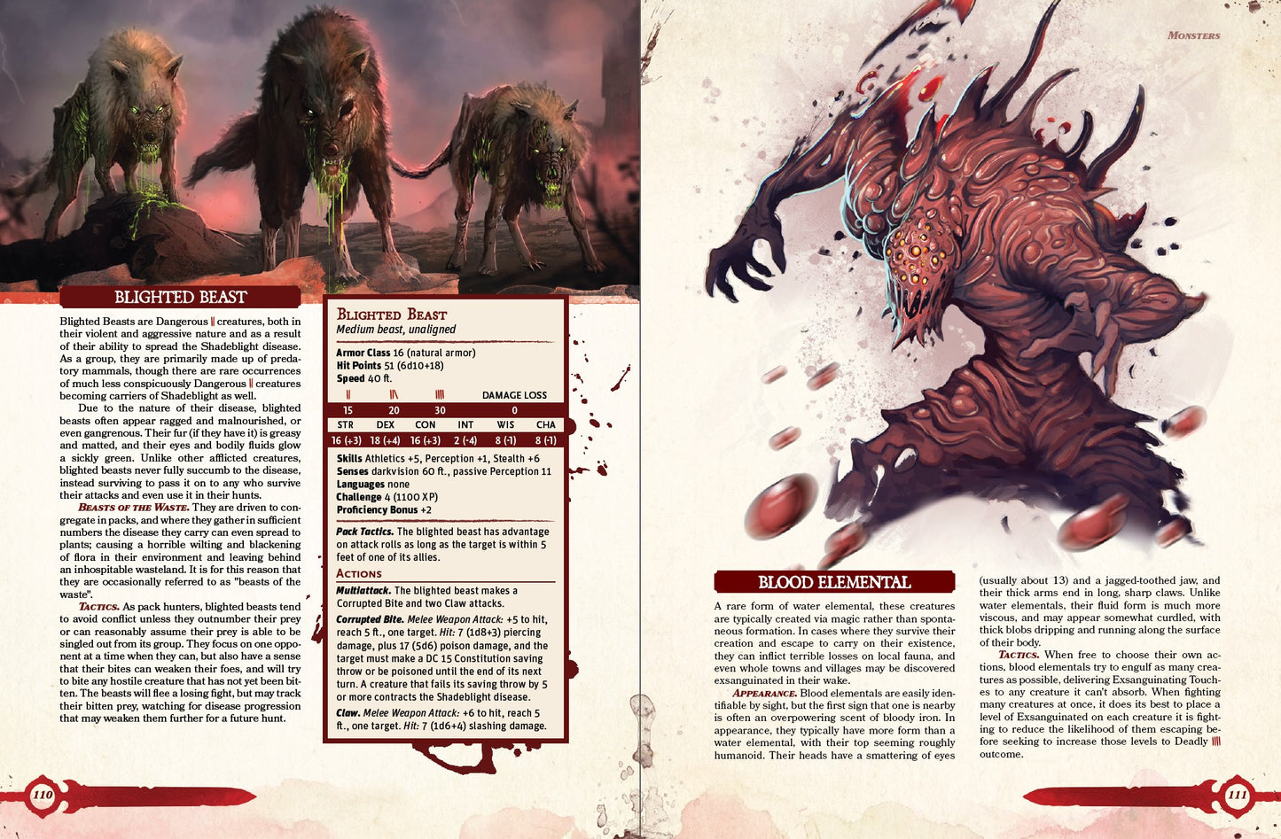 Blighted Beast and Blood Elemental lore, tactics, and mechanics. Illustrations of the beasts show sickly wolves with dripping green corruption. An illustration of the blood elemental shows it preparing to attack