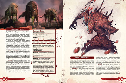 Blighted Beast and Blood Elemental lore, tactics, and mechanics. Illustrations of the beasts show sickly wolves with dripping green corruption. An illustration of the blood elemental shows it preparing to attack