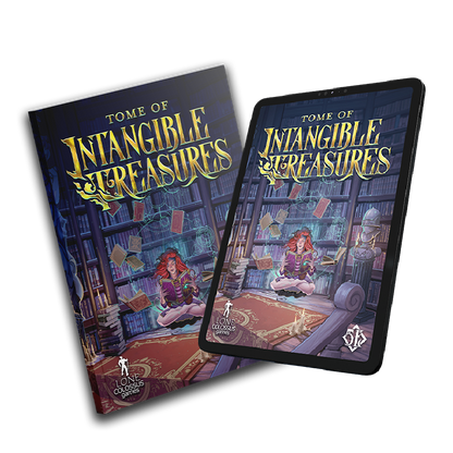 Mockups showing the covers of PDF and hardcover versions of Tome of Intangible Treasures for dnd 5e