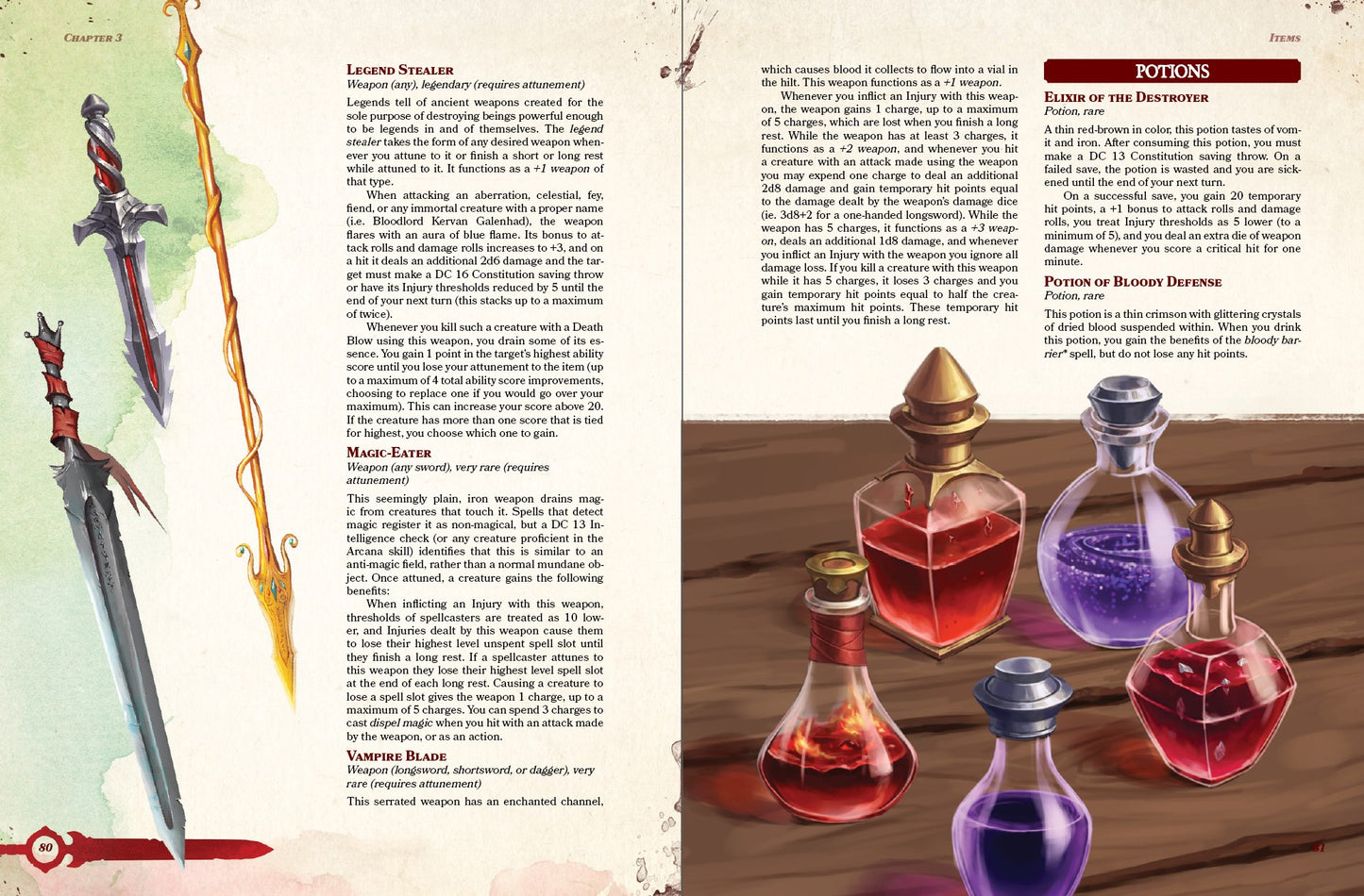 Illustrations of a magical sword, dagger, spear, and potions. Rules text for a legendary weapon, "Legend Stealer", very rare sword "Magic Eater", and very rare dagger "Vampire Blade". Rules for the rare potions "Elixir of the Destroyer" and "Potion of Bloody Defense" for dungeons and dragons 5e.
