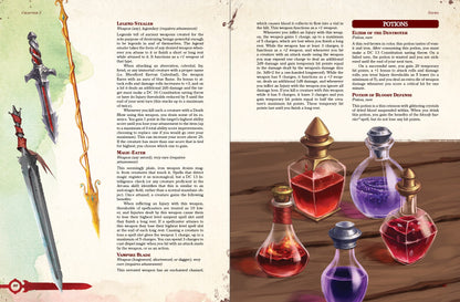 Illustrations of a magical sword, dagger, spear, and potions. Rules text for a legendary weapon, "Legend Stealer", very rare sword "Magic Eater", and very rare dagger "Vampire Blade". Rules for the rare potions "Elixir of the Destroyer" and "Potion of Bloody Defense" for dungeons and dragons 5e.